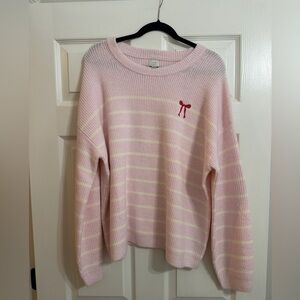a new day Pink and White Striped Sweater with Red Bow